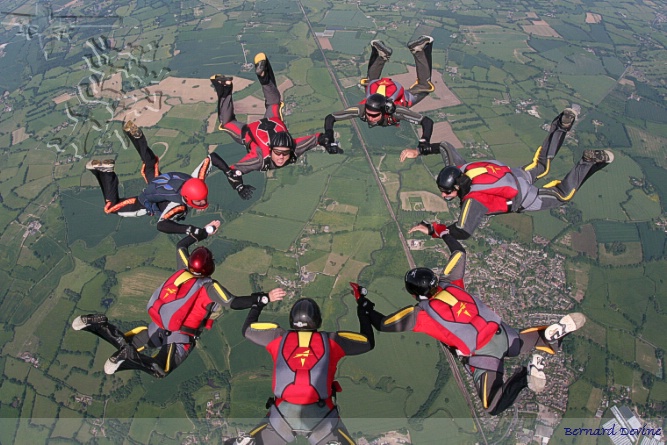 The Fire Brigade team, "Fire Exit" making the perfect speed 7 star formation over Headcorn